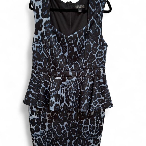 Light Blue & Black Leopard Print Forever 21+ Peplum Pencil Party Dress - Picture 1 of 6